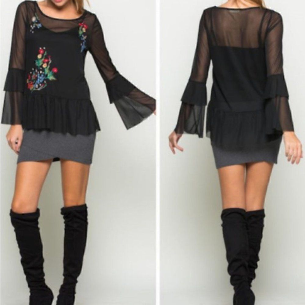MISS LOVE Women's Embroidered Mesh Top with Ruffled Blouse Bohemia‎